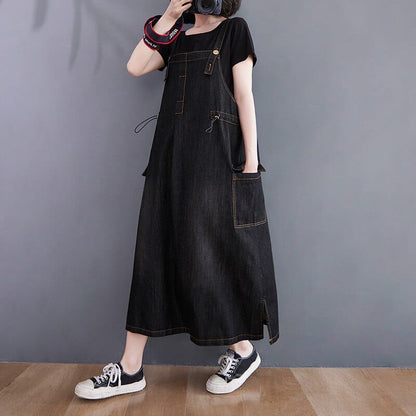 Buddha Trends overall dress Black / M Daniella Oversized Denim Overall Dress
