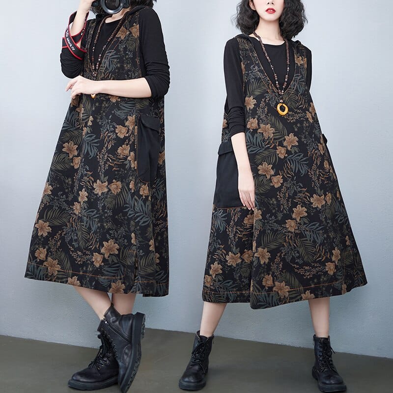 Ολόσωμο φόρεμα Buddha Trends Μαύρο / One Size / China Hooded Floral φόρεμα