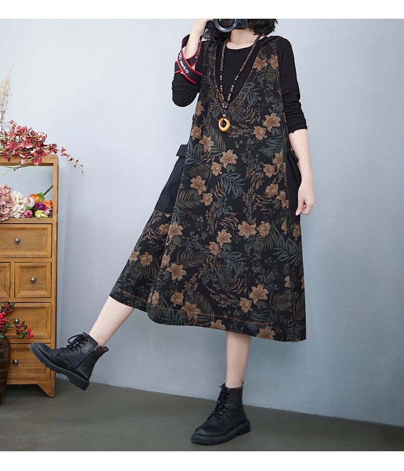 Sukienka ogólna Buddha Trends Czarna / jeden rozmiar / chińska sukienka z kapturem i kwiatowym wzorem