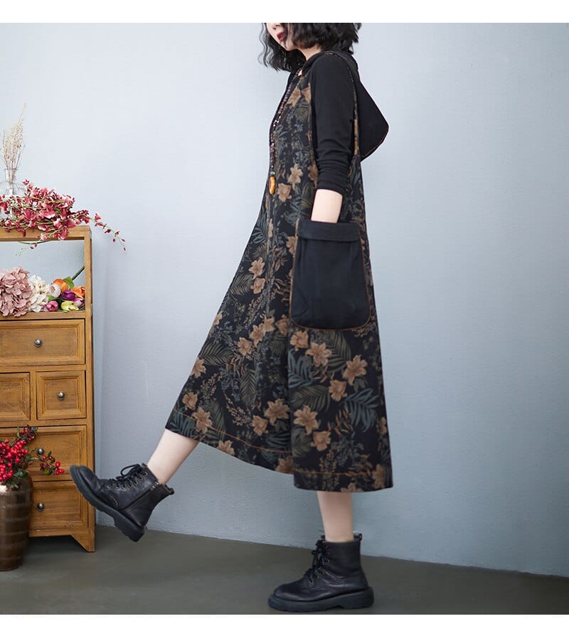 Ολόσωμο φόρεμα Buddha Trends Μαύρο / One Size / China Hooded Floral φόρεμα