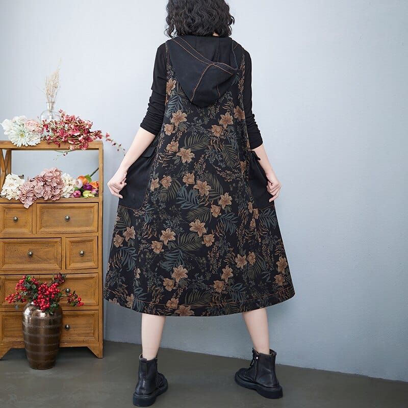 Buddha Trends ολόσωμο φόρεμα Μαύρο / One Size Hooded Floral φόρεμα