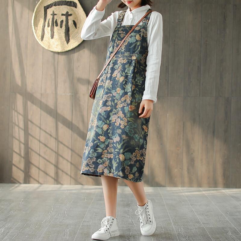 Buddha Trends overall dress Blue / L Artsy Floral Denim Overall Dress