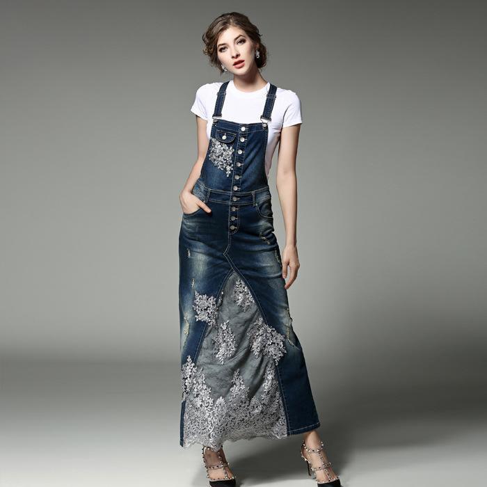 Buddha Trends overall dress Blue / S Embroidered Lace Denim Overall Dress