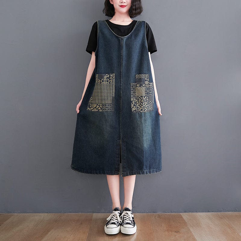 Mono Buddha Trends Azul / XL Denim Patchwork Midi Overall Dress
