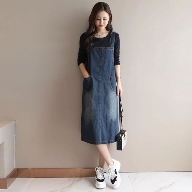 Buddha Trends mono vestido azul oscuro / S Back At It Denim Overall Dress