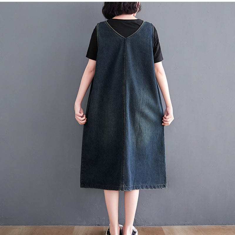 Buddha Trends overall dress Denim Patchwork Midi Overall Dress