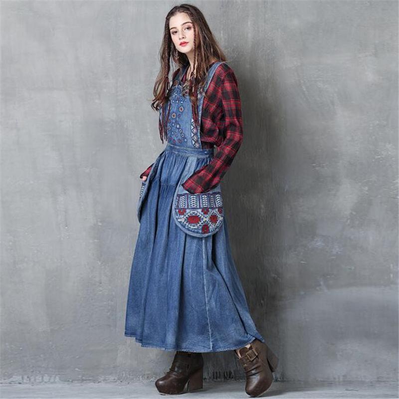 Long Denim Overall Dress with Large Pockets