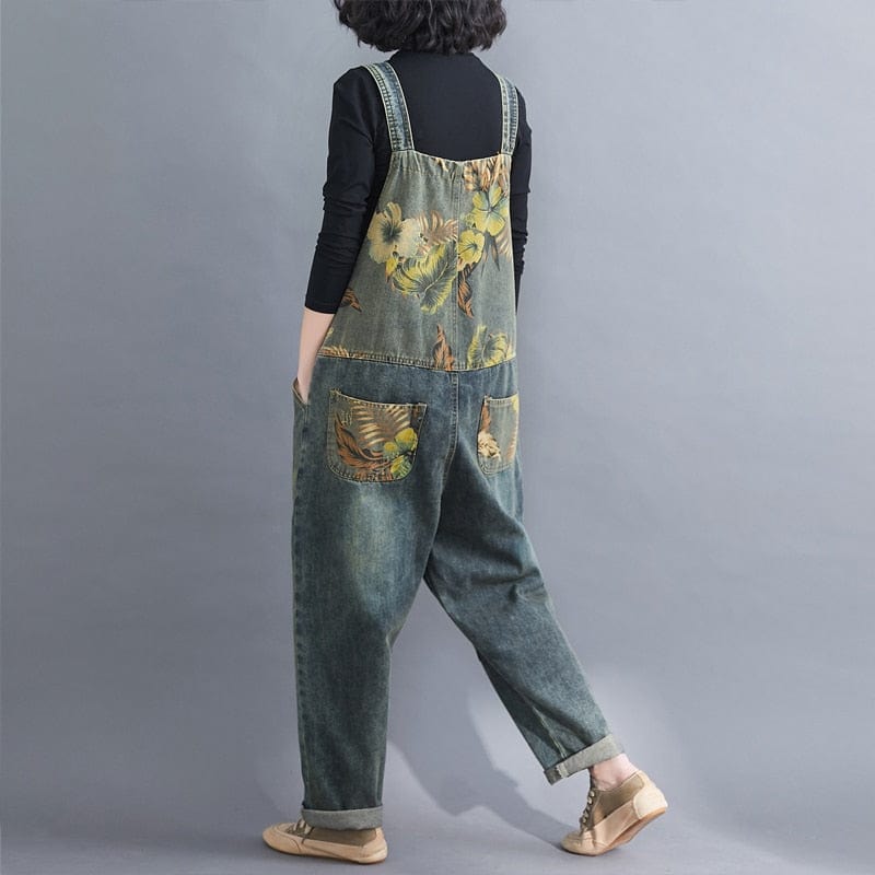 Buddha Trends Overall Floral Printed Denim Loose Overall