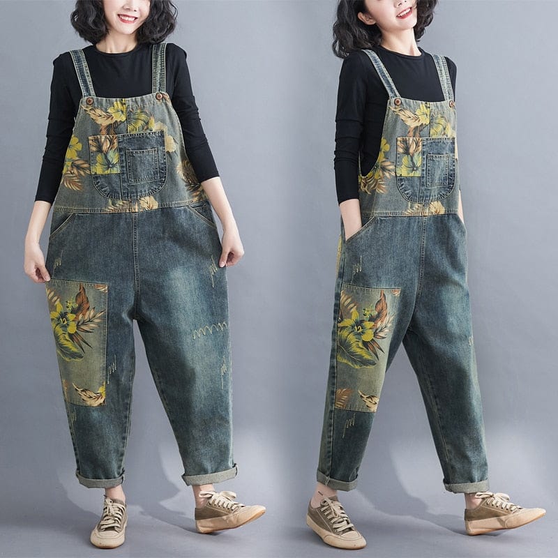 Buddha Trends Overall Floral Imprimé Loose Denim Overall
