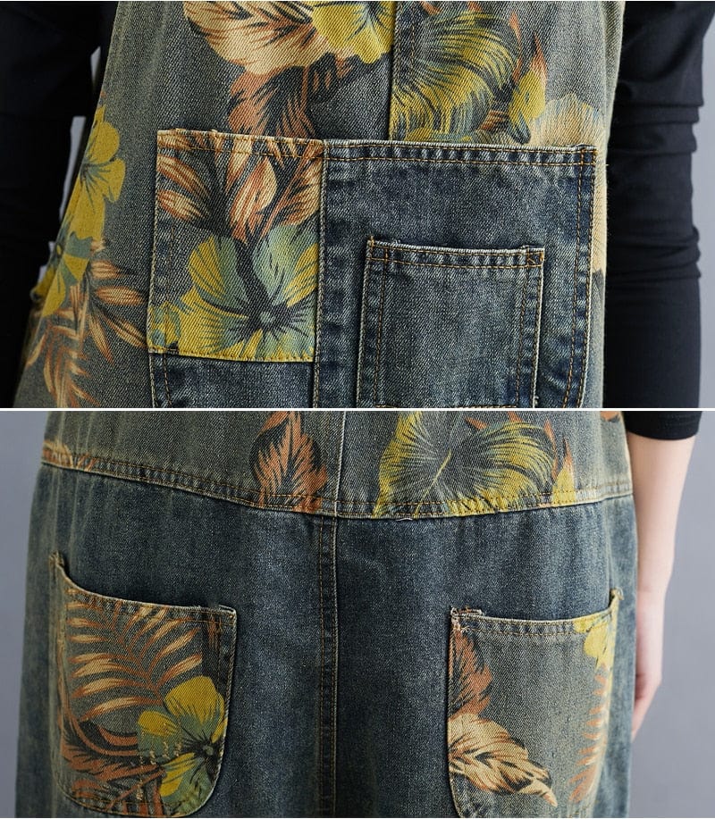 Buddha Trends Overall Floral Printed Loose Denim Overol