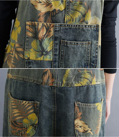 Buddha Trends Overall Floral Printed Loose Denim Overall