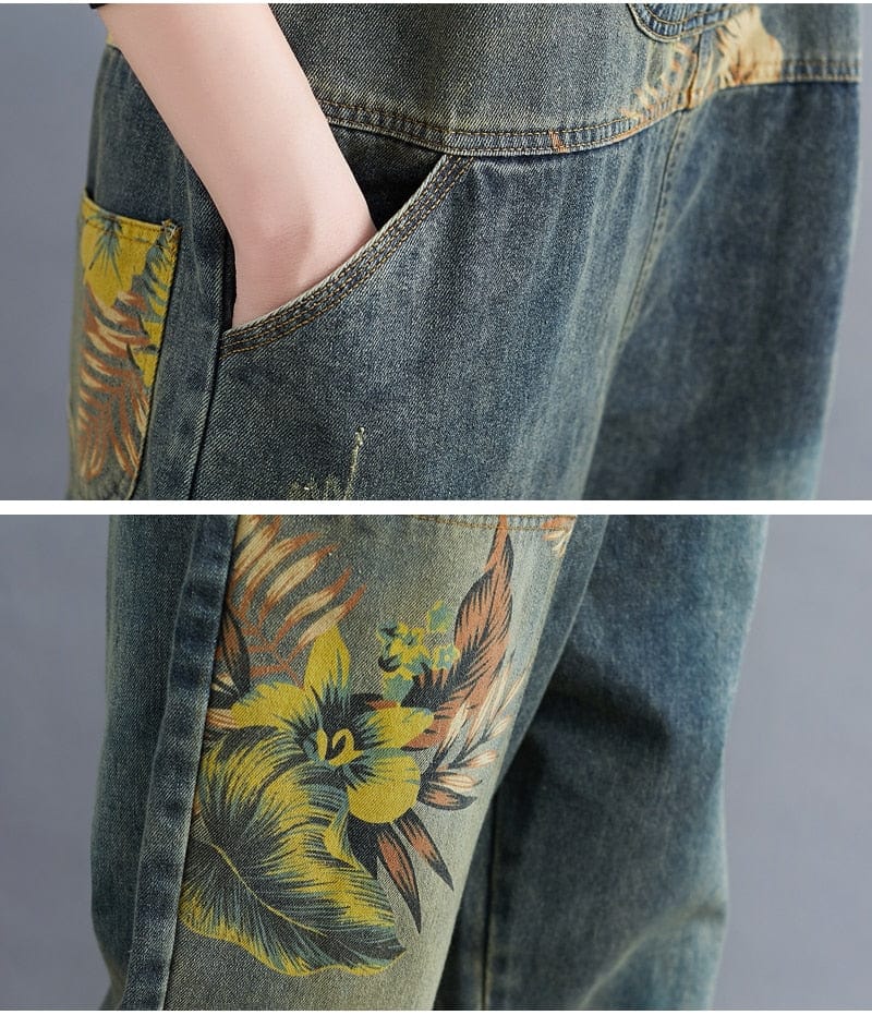 Buddha Trends Overall Floral Printed Loose Denim Overol