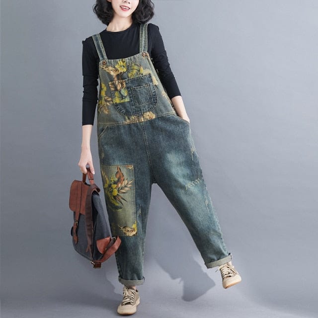 Buddha Trends Overall XL / As Picture Floral Imprimé Loose Denim Overall