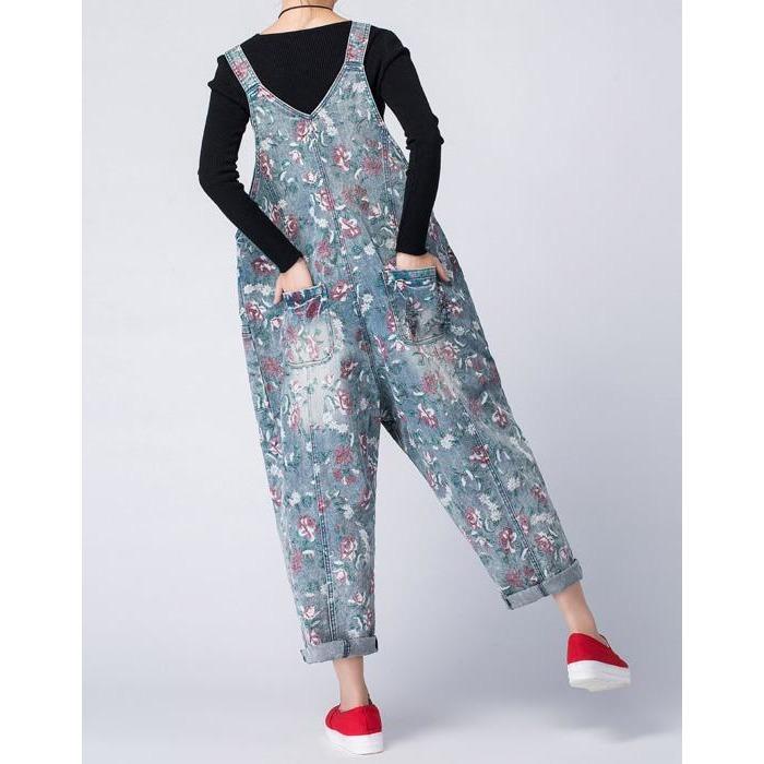 Buddha Trends Oversized Denim Floral Print Overall