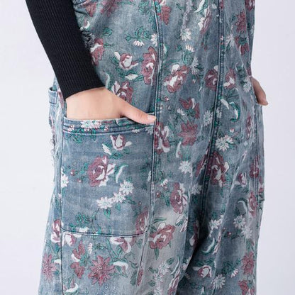 Buddha Trends Oversized Denim Floral Print Overall