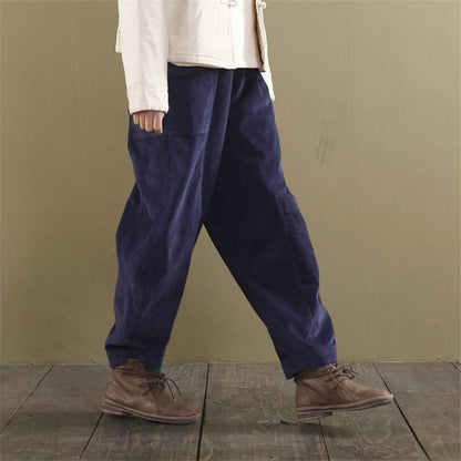 Buddha Trends Pants Navy blue / L Loose Corduroy Pants With Pockets