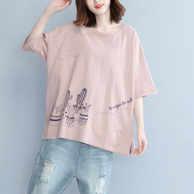 Buddha Trends Pink / L Vintage-T-Shirt mit Kaktus-Print