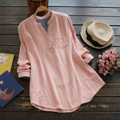 Розовая / S Повседневная свободная блузка с V-образным вырезом и длинным рукавом Buddha Trends