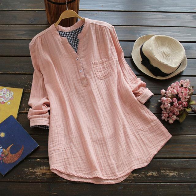 Buddha Trends Pink / S Casual V-Neck Long Sleeve Loose Blouse