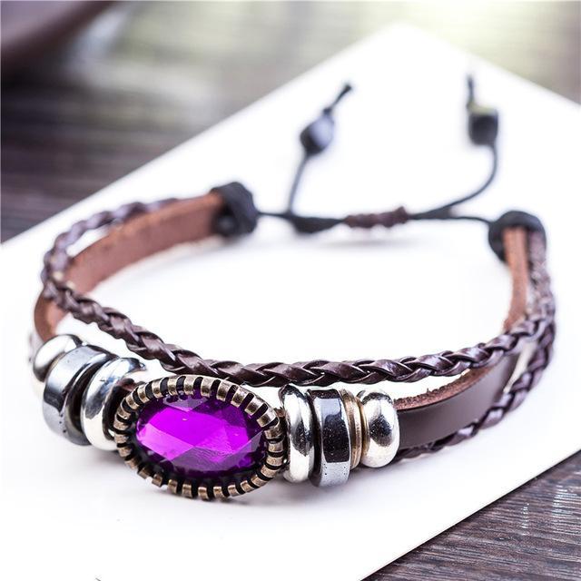 Buddha Trends Purple Braided And Beaded Geometric Leather Bracelet