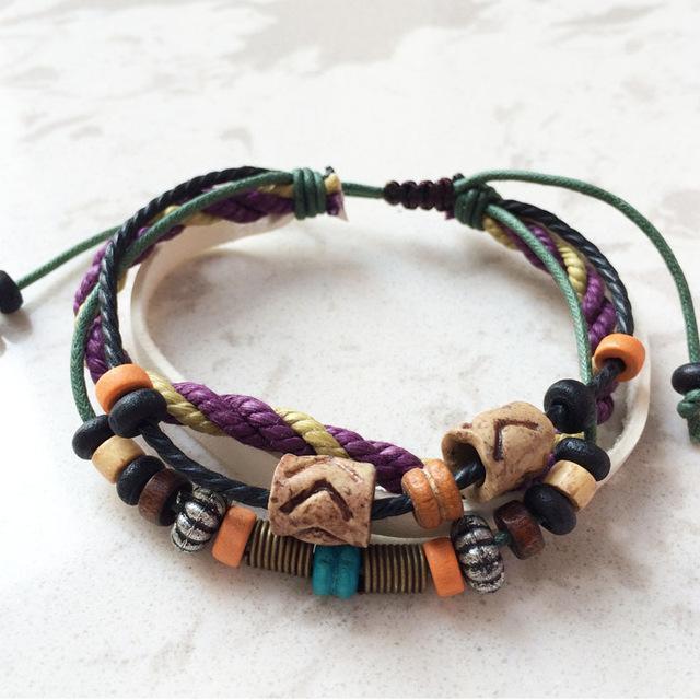 Kožený náramek Buddha Trends Purple Rope Wood Beads