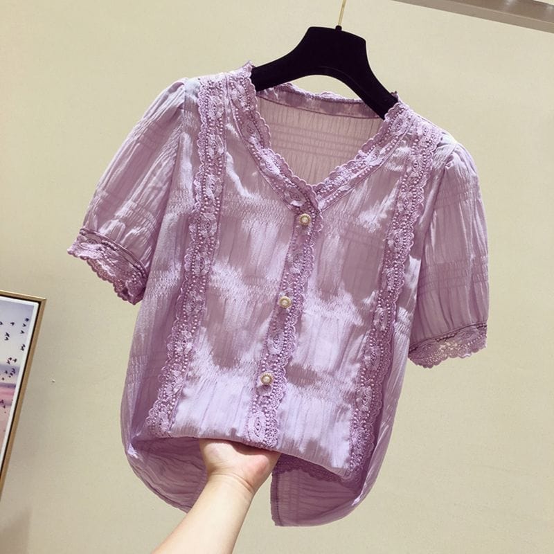 Buddha Trends Purple / S Floral Embroidered Korean T-Shirts