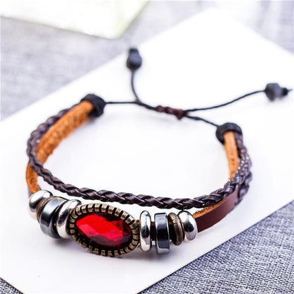 Bracelet en cuir géométrique tressé et perlé rouge Buddha Trends