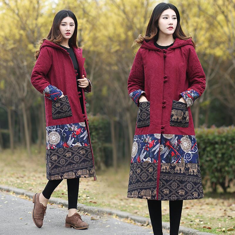 Buddha Trends Red / M Embroidered Hooded Knee-Length Trench Coat