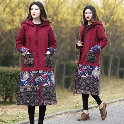 Buddha Trends Red / M Embroidered Hooded Knee-Length Trench Coat