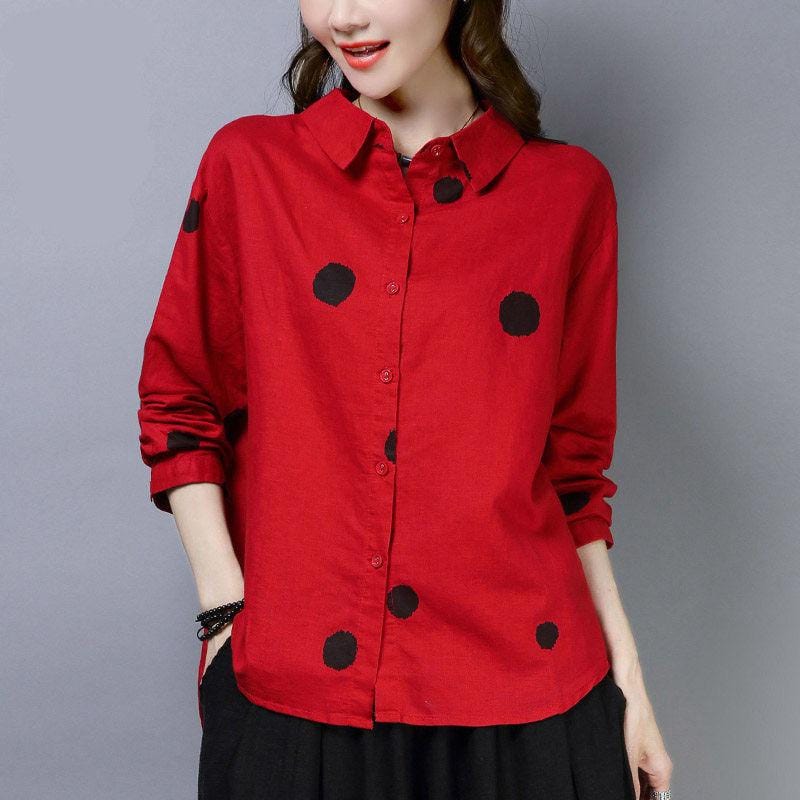 Buddha Trends Red / M Polka Dot Hipster Blouse