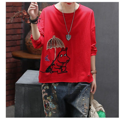 Buddha Trends Red / One Size Cartoon Embroidered Long Sleeve Shirt