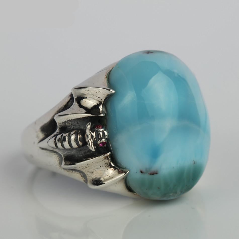 Buddha Trends Resizable / Blue Medieval Genuine Larimar Silver Ring