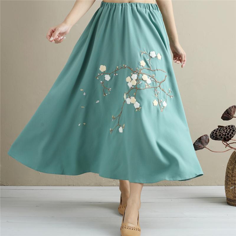 Buddha Trends Skirts aqua / One Size High Waist Floral Embroidered Maxi Skirt