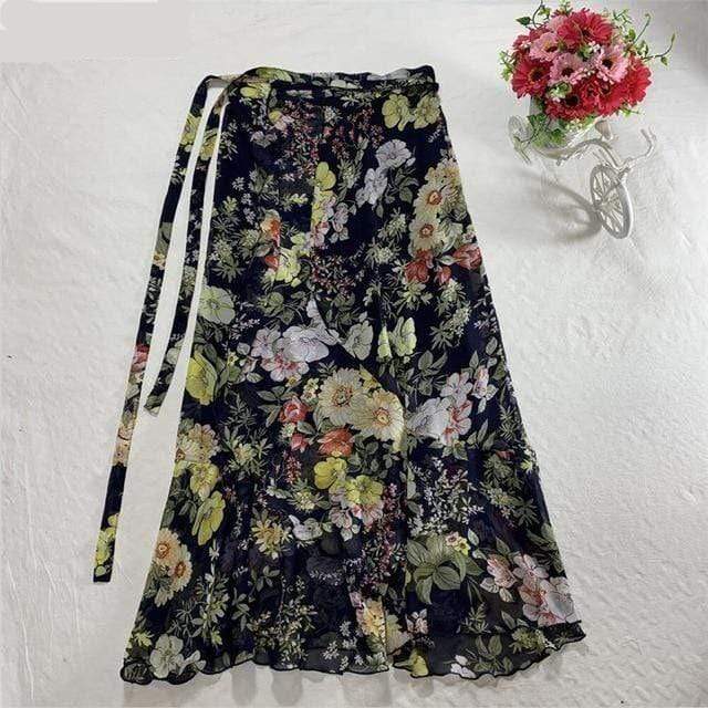 Buddha Trends Skirts Black Floral / XXL Floral Chiffon Wrap Maxi Skirt