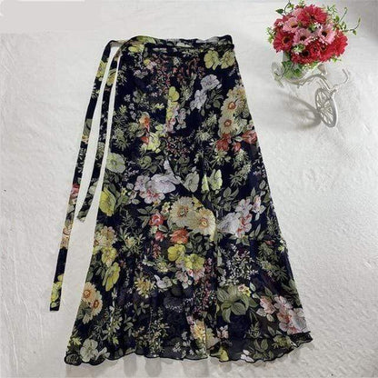 Buddha Trends Sukně Černá květinová / XXL květinová Šifonová zavinovací maxi sukně