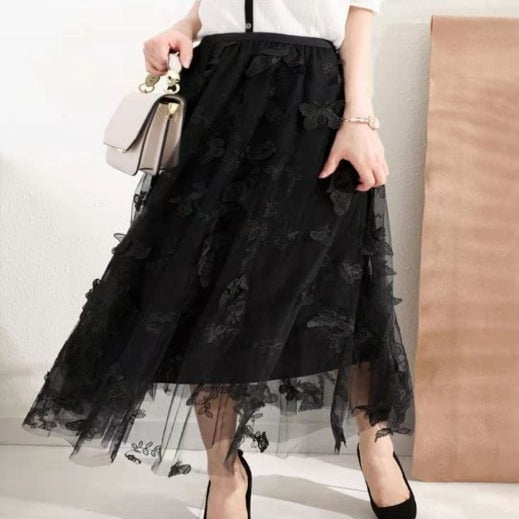 Buddha Trends Skirts Black / One Size Flowers &amp; Butterflies Asymmetrical Midi Skirt