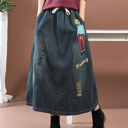 Buddha Trends Skirts blue 1 / One Size Streetstyle Cartoon Embroidered Denim Skirt