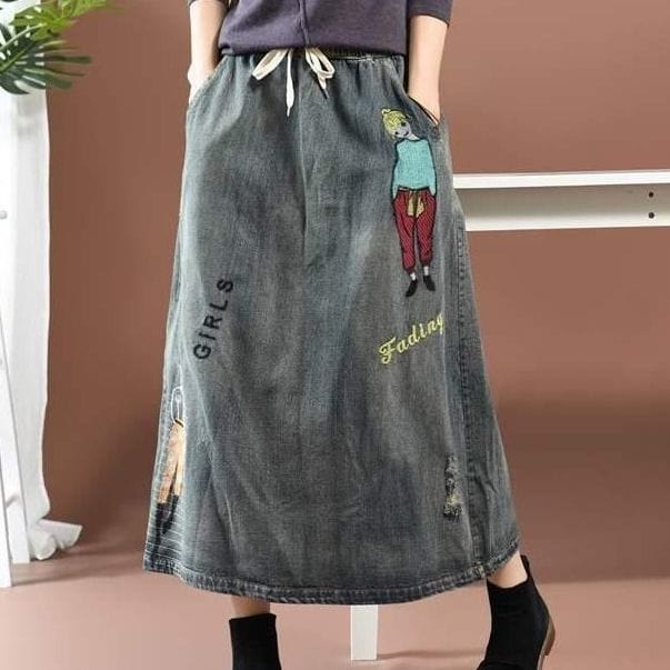 Buddha Trends Skirts bleu 2 / Jupe en jean brodée Streetstyle Cartoon taille unique