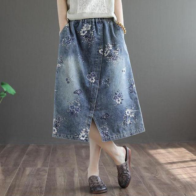 Buddha Trends تنانير زهور زرقاء / L تنورة جينز مطبوعة بالزهور