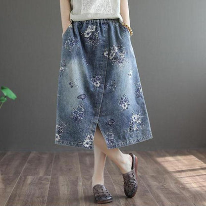 Buddha Trends Skirts Blue Flowers / L Floral Printed Denim Skirt