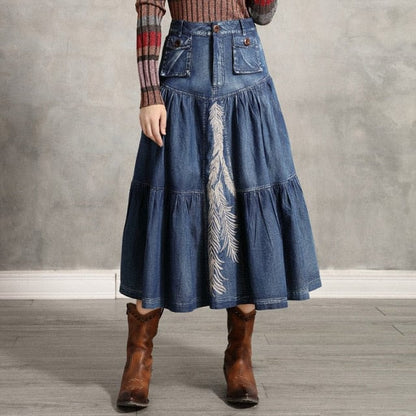 Buddha Trends Skirts Blue / XL Feathers Embroidered Denim Midi Skirt