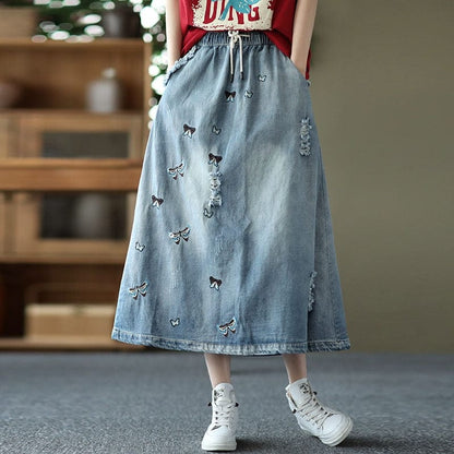 Buddha Trends Skirts Butterfly Embroidered Vintage Denim Skirt