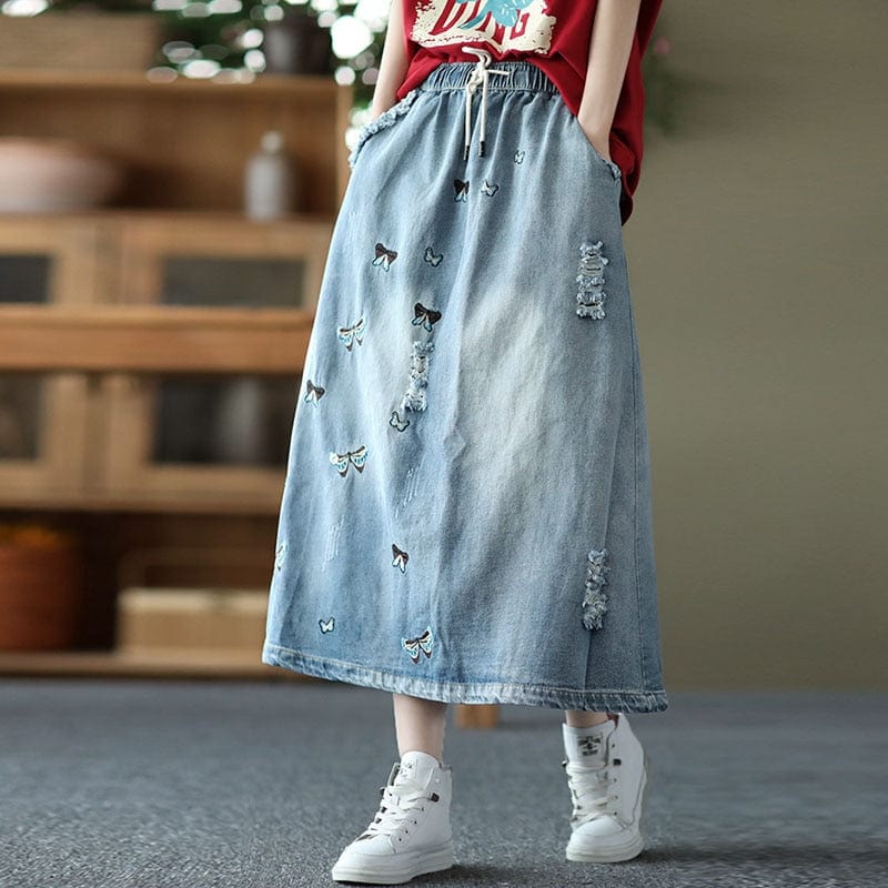 Buddha Trends Skirts Butterfly Embroidered Vintage Denim Skirt