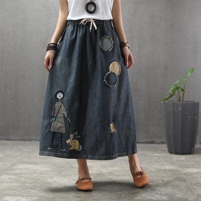 Buddha Trends Skirts Dark Blue / L Plumarium Patchwork Kawaii Denim Skirt