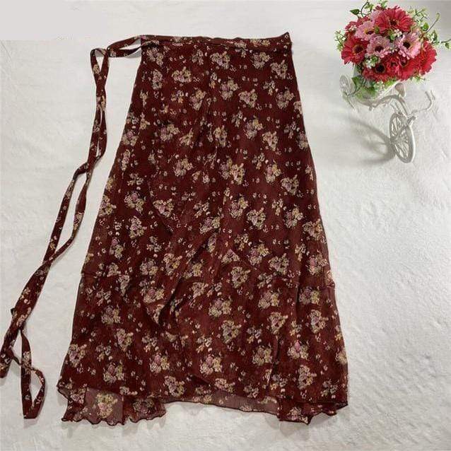 Юбки Buddha Trends Темно-красная длинная юбка с запахом из шифона с цветочным рисунком / 4XL с цветочным рисунком