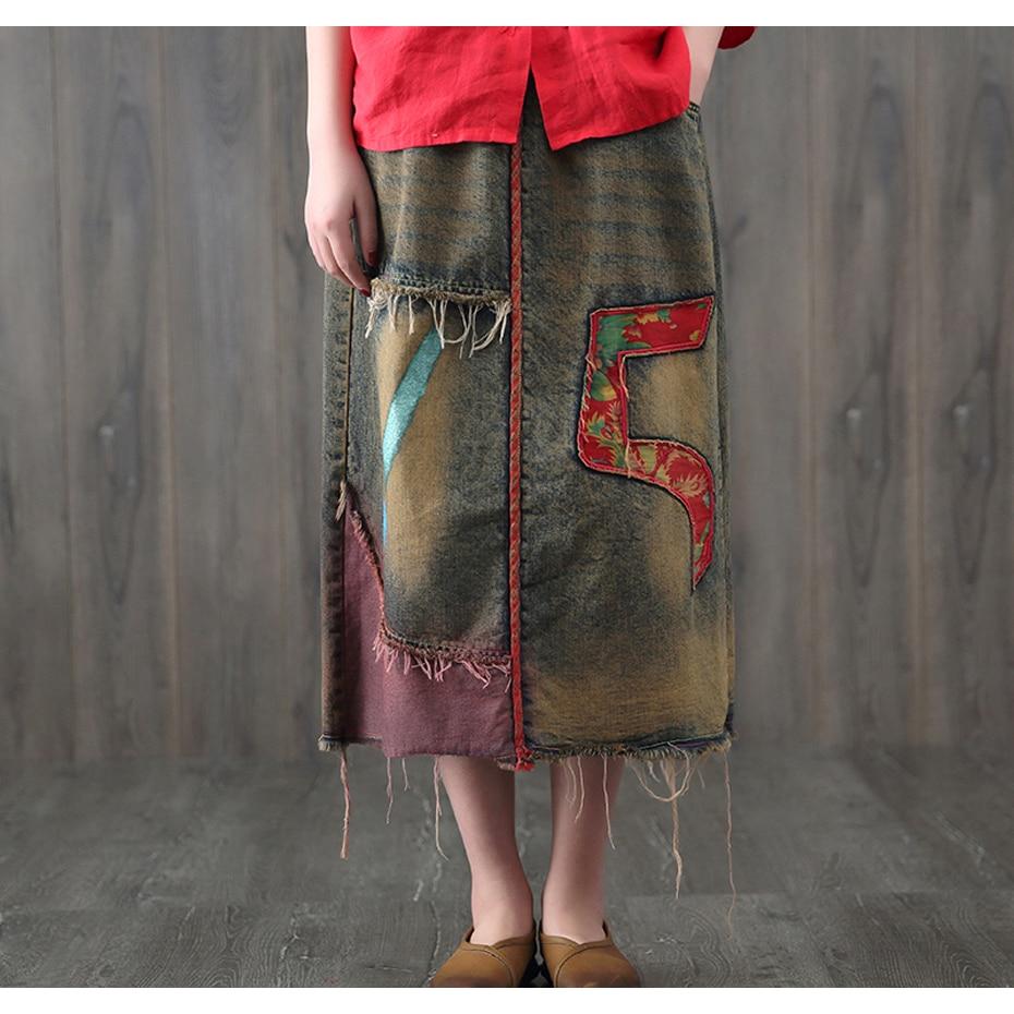Buddha Trends Skirts Embroidered Patchwork Denim Skirt