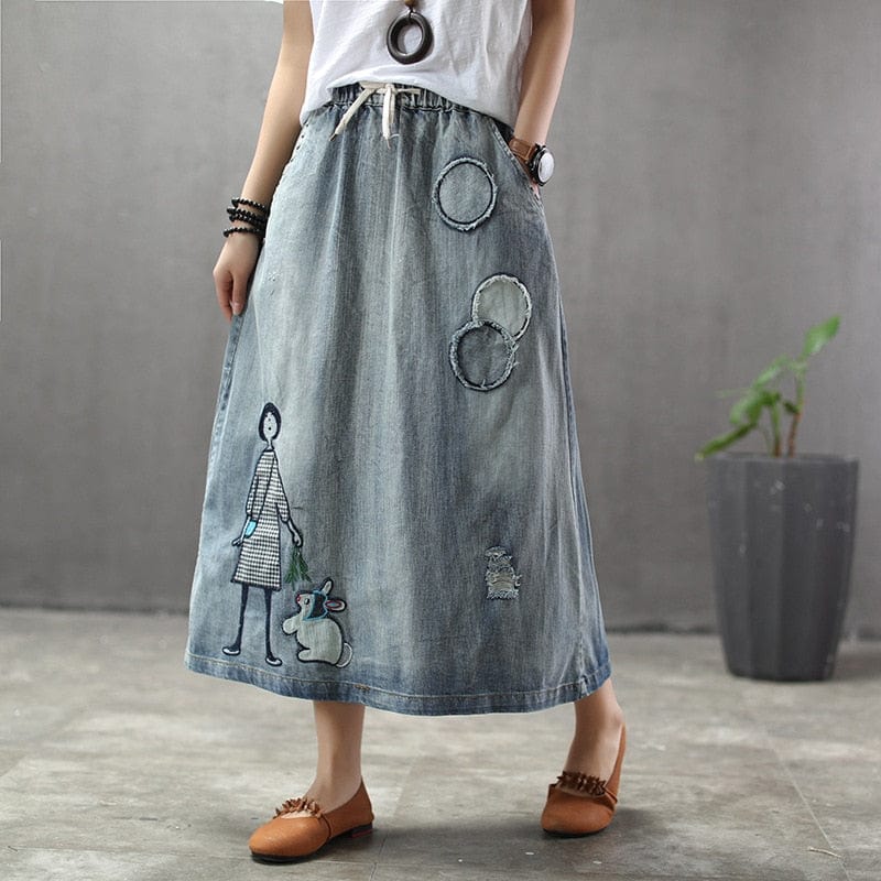 Buddha Trends Jupes Jupe en jean kawaii avec patchwork brodé