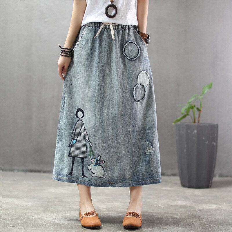 Buddha Trends Skirts Embroidered Patchwork Kawaii Denim Skirt
