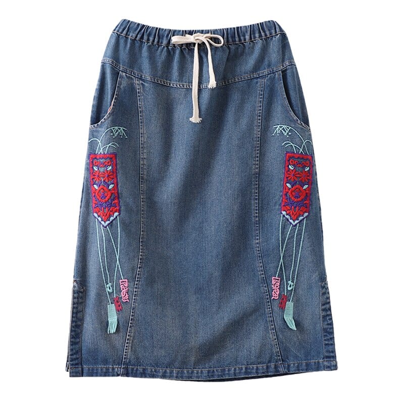 Buddha Trends Skirts Embroidered Vintage Denim Skirt