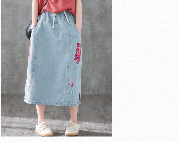 Юбки Будды Тенденции Винтажная джинсовая юбка с вышивкой